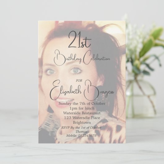 21. Geburtstag Einfaches Elegantes Foto Einladung (Stehend Vorderseite)