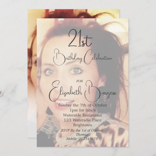 21. Geburtstag Einfaches Elegantes Foto Einladung (Vorne/Hinten)