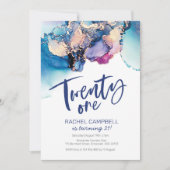 21. Geburtstag Einladung Blau Abstrakte Wasserfarb (Vorderseite)