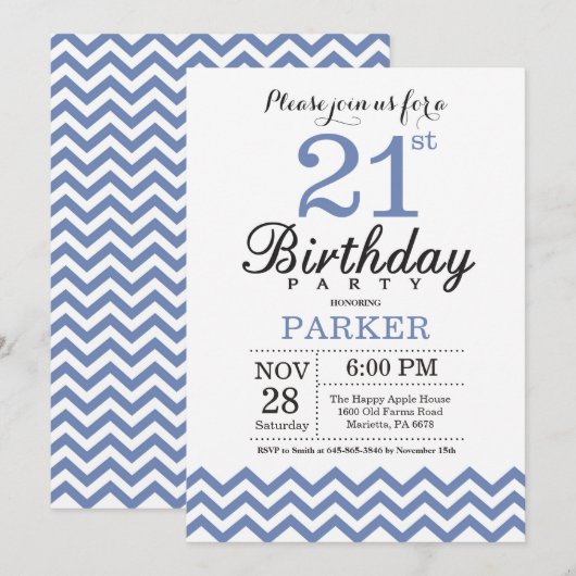 21. Geburtstag Einladung Blau Zickzack (Vorne/Hinten)