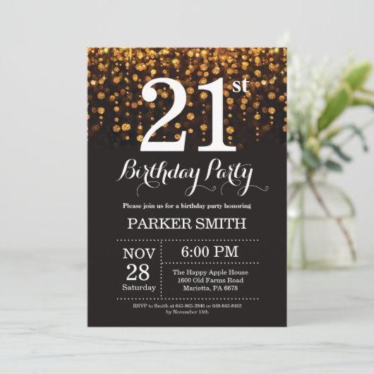 21. Geburtstag Einladung Gold Glitzer (Stehend Vorderseite)