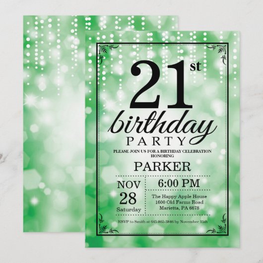 21. Geburtstag Einladung Grüner Glitzer (Vorne/Hinten)