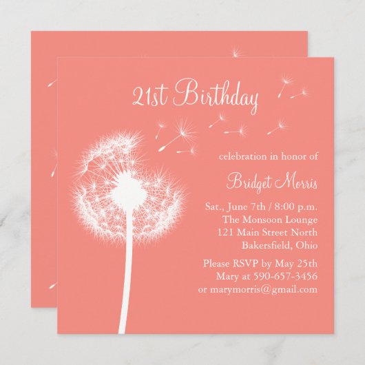 21. Geburtstag Einladung in Korallen (Vorne/Hinten)