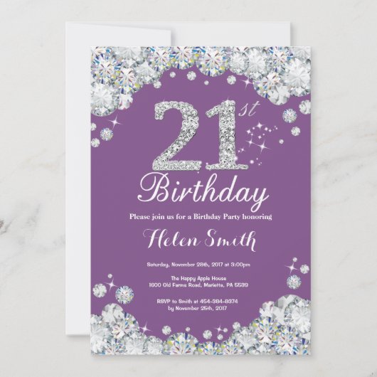 21. Geburtstag Einladung Lila und Silver Diamond (Vorderseite)