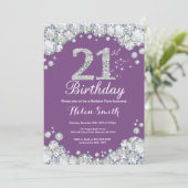 21. Geburtstag Einladung Lila und Silver Diamond (Stehend Vorderseite)