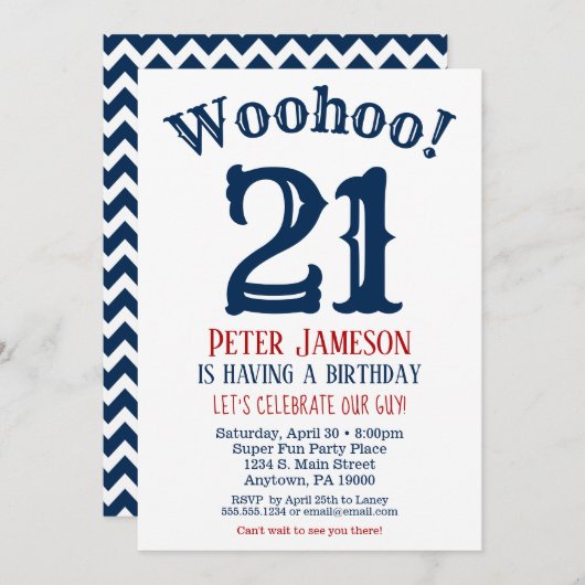 21. Geburtstag Einladung Mens Navy Blue (Vorne/Hinten)