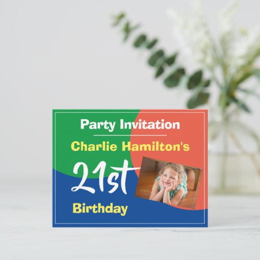 21. Geburtstag Einladung mit Foto Postkarte (Stehend Vorderseite)