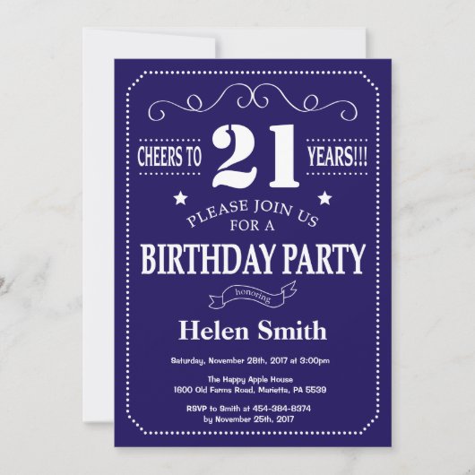 21. Geburtstag Einladung Navy Blue und White (Vorderseite)