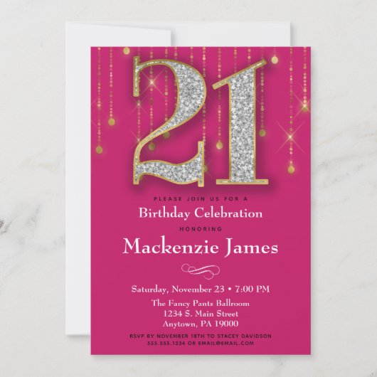 21. Geburtstag Einladung Pink Gold Diamonds Adult (Vorderseite)