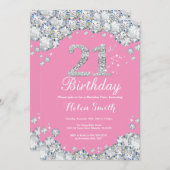 21. Geburtstag Einladung Pink und Silver Diamond (Vorne/Hinten)