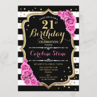 21. Geburtstag Einladung Rosa Schwarz-weiße Streif