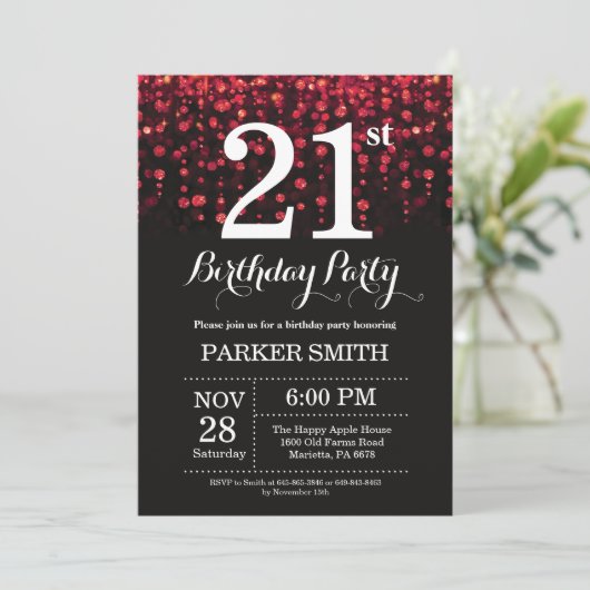 21. Geburtstag Einladung Roter Glitzer (Stehend Vorderseite)