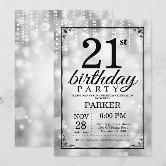 21. Geburtstag Einladung Silberner Glitzer (Vorne/Hinten)
