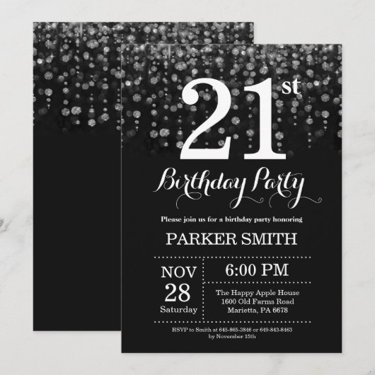 21. Geburtstag Einladung Silberner Glitzer (Vorne/Hinten)
