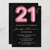 21. Geburtstag Einladungen Pink Balloon Glam Black (Vorne/Hinten)