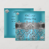 21. Geburtstag Elegant Aquamarin Blue Silver Flora Einladung (Vorne/Hinten)