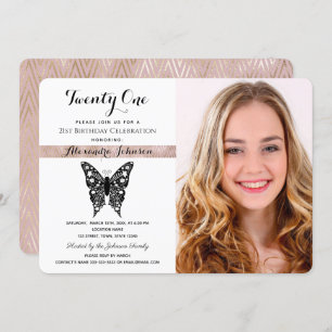21. Geburtstag Elegantes Rosa Schwarzes und Weiß F Einladung