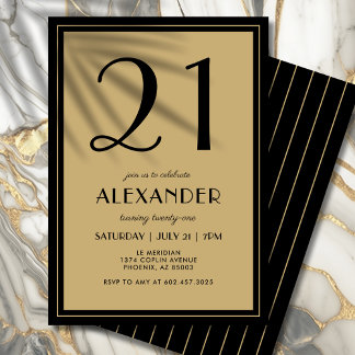 21. Geburtstag Erwachsene Schwarz und Gold Modern  Einladung
