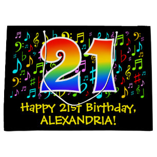 21. Geburtstag - Farbige Musiksymbole, Regenbogen  Große Geschenktüte