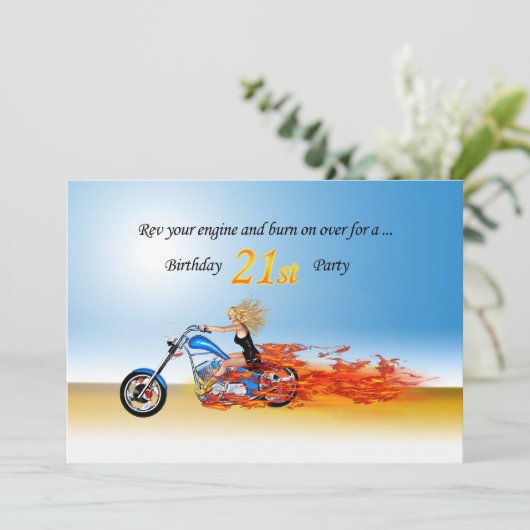 21. Geburtstag Flammenmotorrad-Party Einladung (Stehend Vorderseite)