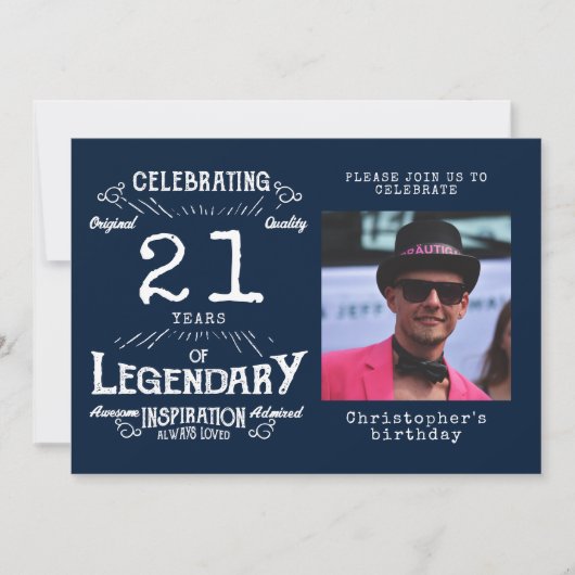 21. Geburtstag Foto Blau Vintag Einladung (Vorderseite)