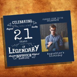 21. Geburtstag Foto Blue Vintag Birthday lädt ein Postkarte