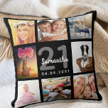 21. Geburtstag Foto Collage Mädchen schwarz Kissen<br><div class="desc">Ein einzigartiges Geschenk für eine junge Frau 21. Geburtstag, feiert ihr Leben mit einer Collage von 8 Ihrer eigenen Fotos, Bilder. Personalisieren und fügen Sie ihren Namen, Alter 21 und ein Datum. Ein schicker schwarzer Hintergrund. Graue und weiße Buchstaben und Zahlen. Der Name ist mit einem modernen handgeschriebenen Stilskript geschrieben....</div>
