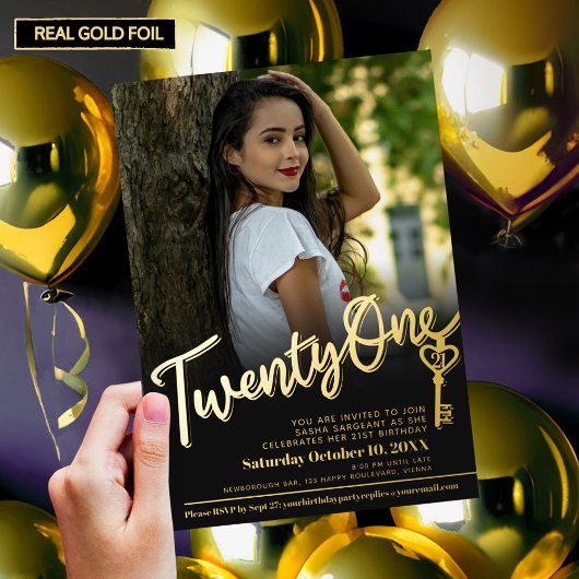 21. Geburtstag Foto Gold schwarz Folieneinladung