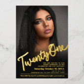 21. Geburtstag Foto-Skript Gold Folieneinladung (Vorderseite)