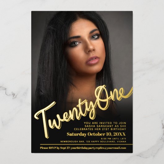21. Geburtstag Foto-Skript Gold Folieneinladung (Vorderseite)