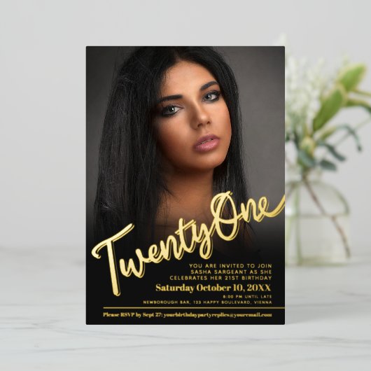 21. Geburtstag Foto-Skript Gold Folieneinladung (Stehend vorne)