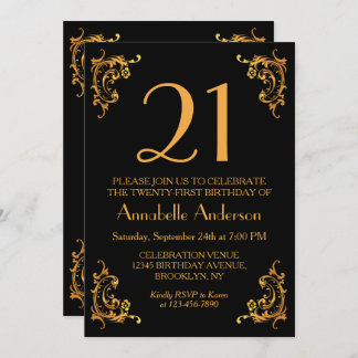 21. Geburtstag Glam Modern Gold Black Vintag Retro Einladung