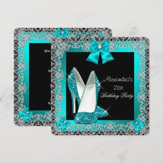 21. Geburtstag Glitzer Aquamarin Blue High Heel Sh Einladung (Vorne/Hinten)
