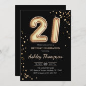 21. Geburtstag - Gold Balloons Black Einladung (Vorne/Hinten)