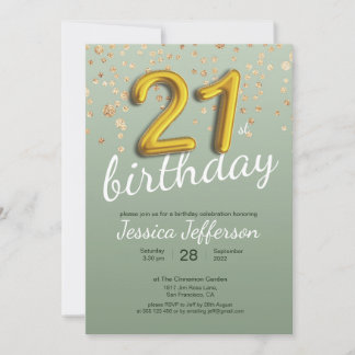 21. Geburtstag Gold Confetti Foil Ballon Grün Einladung