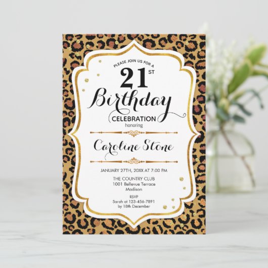 21. Geburtstag - Gold Leopard Print Einladung (Stehend Vorderseite)