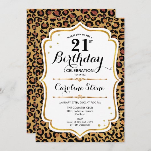 21. Geburtstag - Gold Leopard Print Einladung (Vorne/Hinten)
