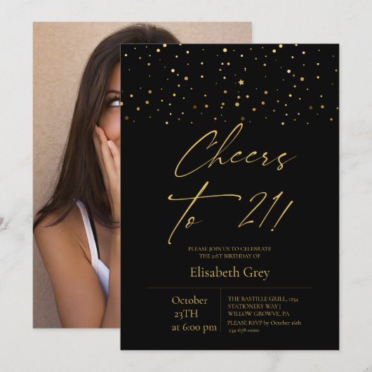 21. Geburtstag Gold Schwarz Modern Einladung (Vorne/Hinten)