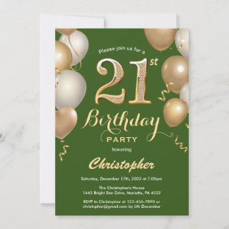 21. Geburtstag Grün und Gold Balloons Confetti Einladung