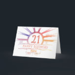 21. Geburtstag - handgezeichneter mehrfarbiger Son Karte<br><div class="desc">21. Geburtstagkarte. Alter 21, mehrfarbiger radialer Sonnenbrand und kleine Blume - hell gefärbtes, handgezeichnetes Design, in Fotoshop farbig. Anpassbarer Text: auf der Vorderseite der Karte: Happy Birthday und Name. Individueller Text: Insider-Karte: Herzlichen Glückwunsch zum 21. Geburtstag. Sie können den Text nach Belieben bearbeiten oder löschen, indem Sie auf "Diese Vorlage...</div>
