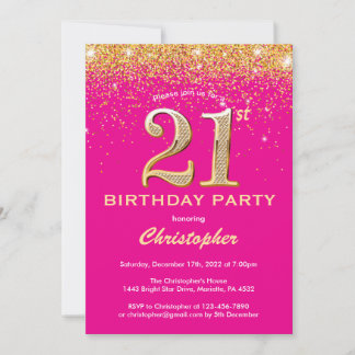 21. Geburtstag Hot Pink und Gold Glitzer Confetti Einladung