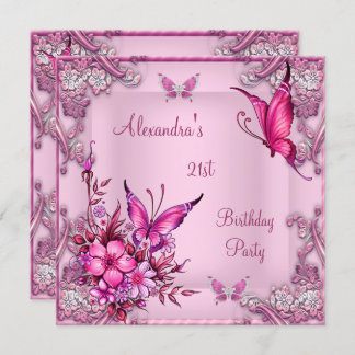 21. Geburtstag Hübsch Pink Floral Butterfly Silver Einladung