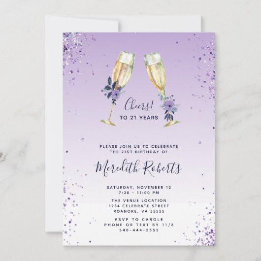 21. Geburtstag Lavender Ombre Champagne Toast Part Einladung (Vorderseite)