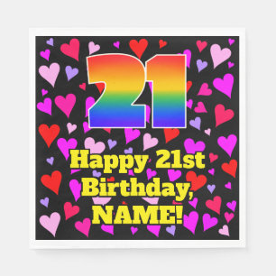 21. Geburtstag: Liebesherzen Muster, Regenbogen # Serviette