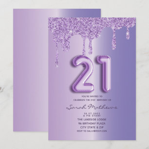 21. Geburtstag Lila Glitzer Tropfen Ballon Script Einladung