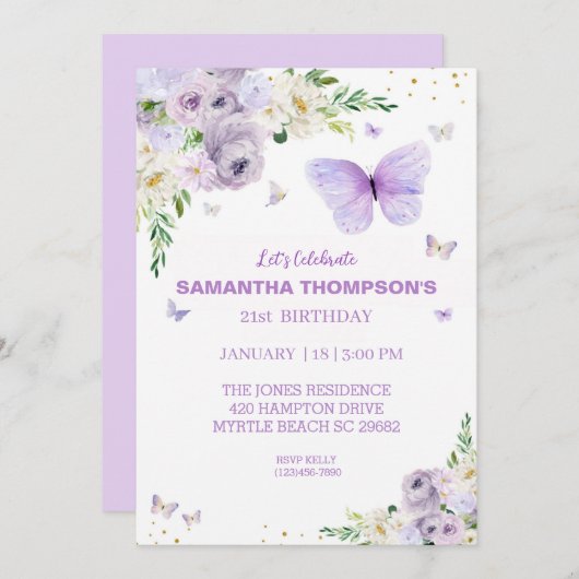 21. Geburtstag Lila Goldflorenschmetterling Einladung (Vorne/Hinten)