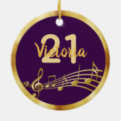 21. Geburtstag lila Goldname Musiknoten Keramik Ornament (Hinten)