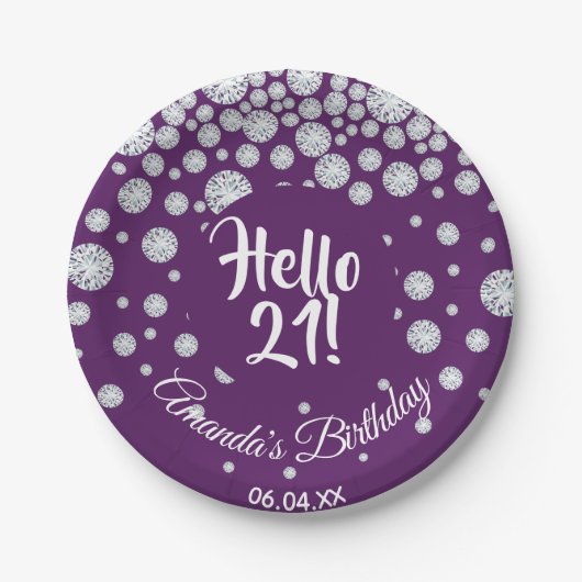 21. Geburtstag lila hello 21 Diamanten Glam Pappteller (Vorderseite)