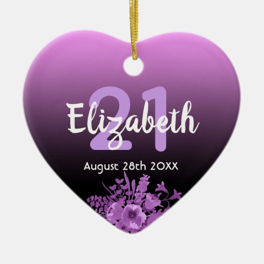 21. Geburtstag lila schwarzer Blumenname Keramik Ornament (Vorne)