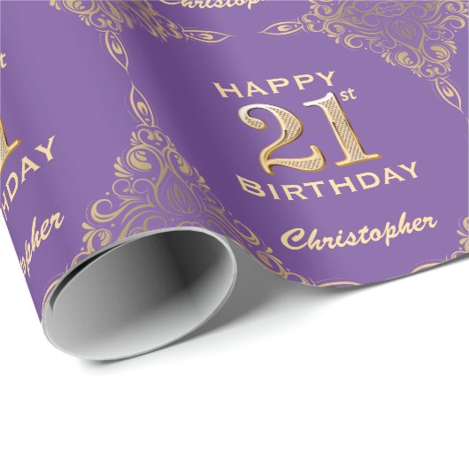 21. Geburtstag Lila und Gold Glitzer Frame Geschenkpapier (Rolleneckpunkt)